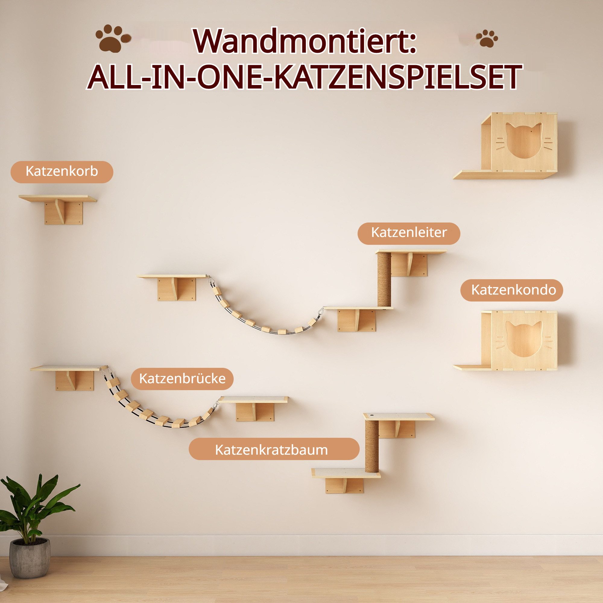FURPAL Katzen-Kletterwand 12-teiliges Katzenregal-Set, Wandmontiertes Katzenspielzeug-Set, mit Katzenbrücke, Leiter, Korb, Katzenhaus und Kratzbaum