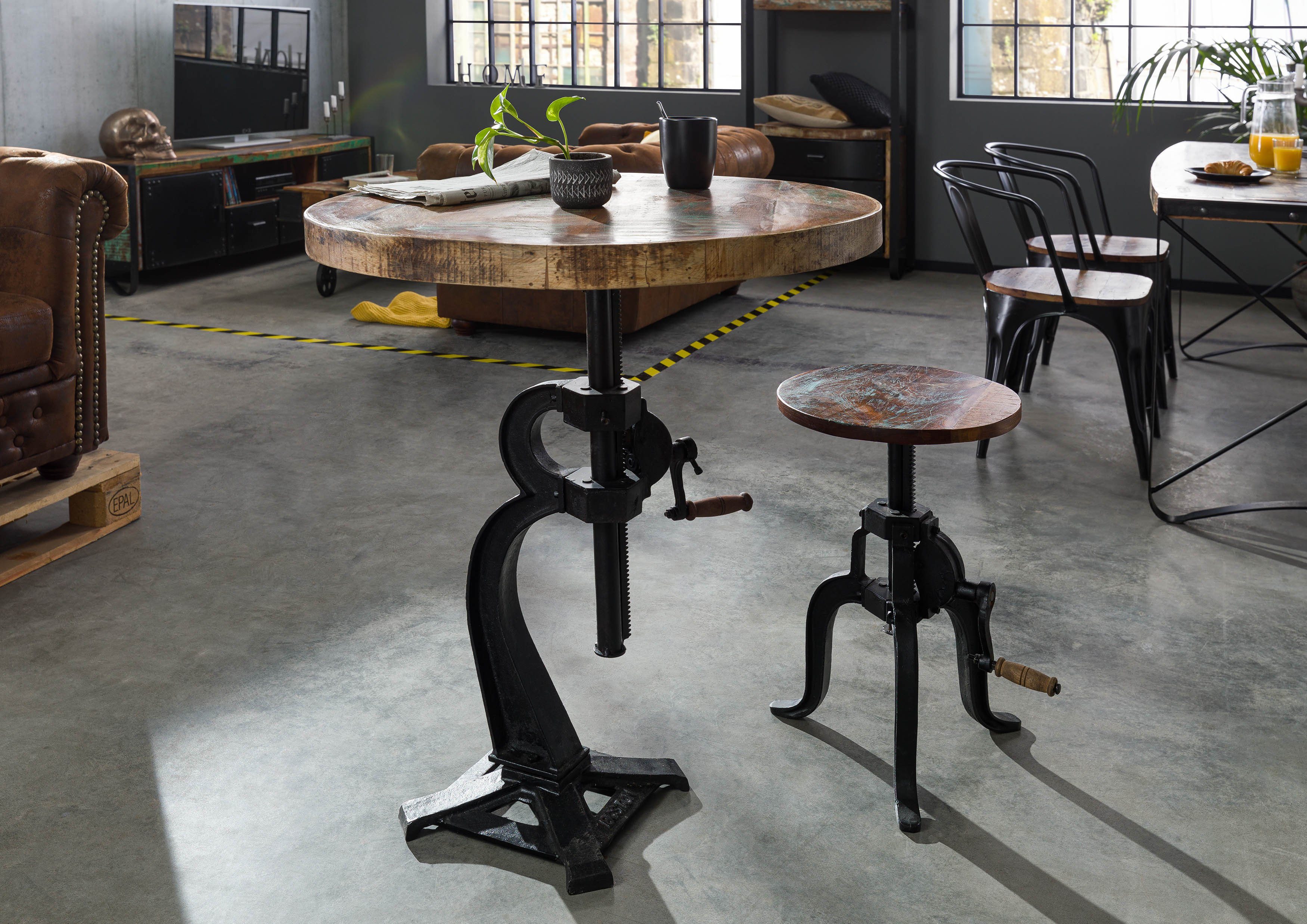 Massivmoebel24 Beistelltisch INDUSTRIAL (75x75x75 Altholz), höhenverstellbare runde Altholz Tischplatte