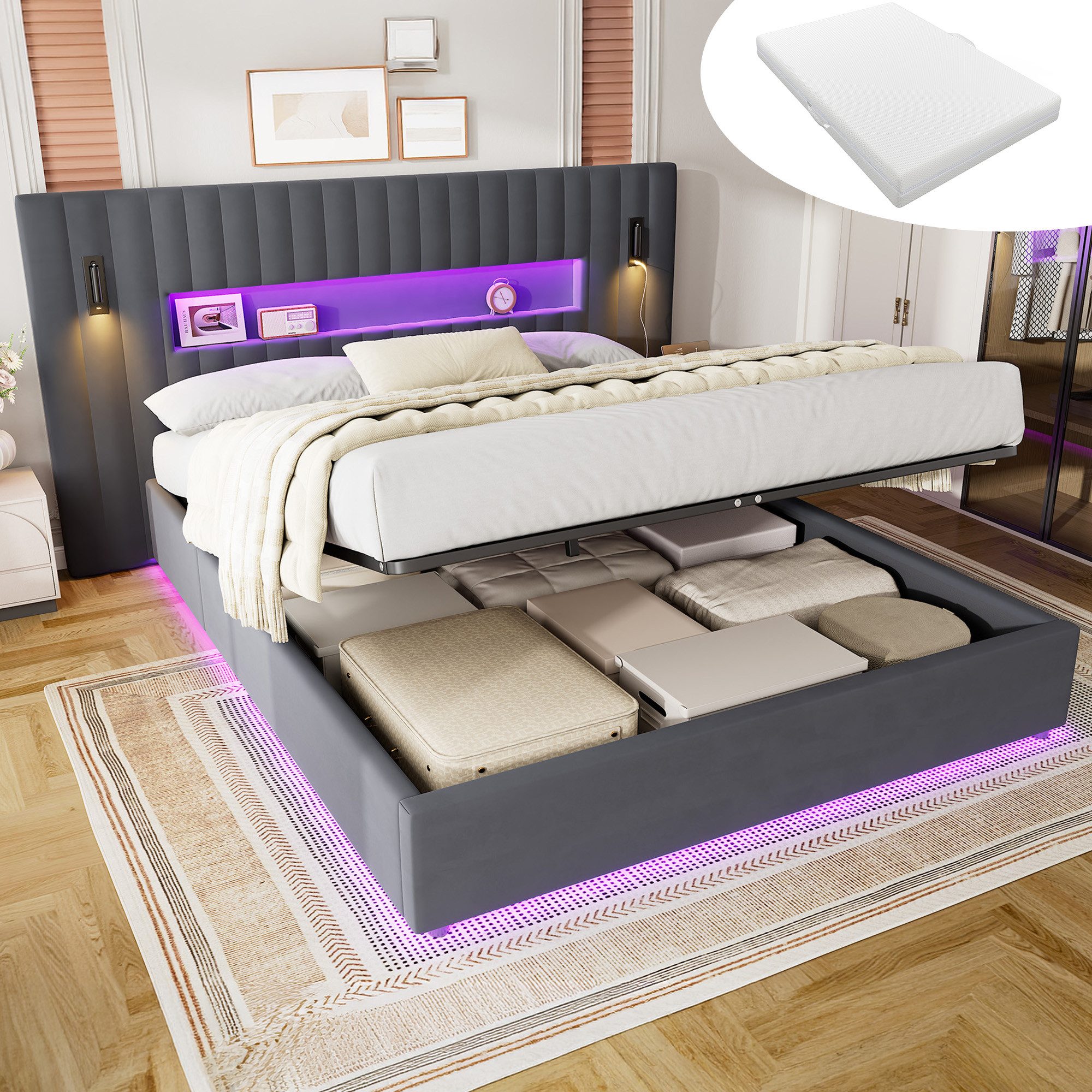 OKWISH Polsterbett Stoffbett Grau 180x200 cm mit LED Leselampe und USB Ladefunktion (Packung, 2-tlg., Bettgestell mit Matratze für modernes Schlafzimmer Design), Doppelbett mit Veloursbezug und hydraulischem Bettkasten Stauraum