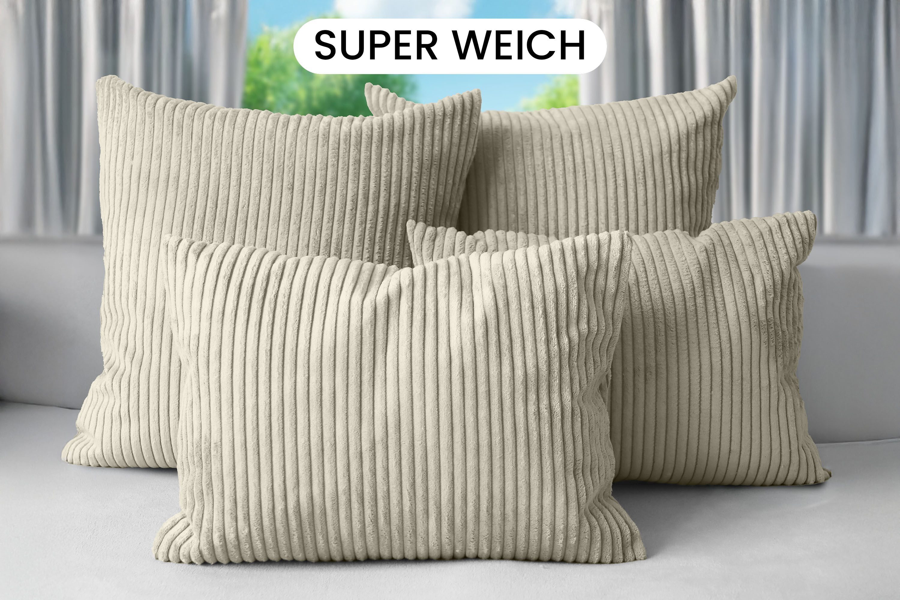 Amilian Dekokissen Sofakissen Cord-Optik 4er Set mit Füllung 2x 40x40 + 2x 35x45 cm, mit Füllung, Hotelverschluss, formstabil – Bild 2 von 5