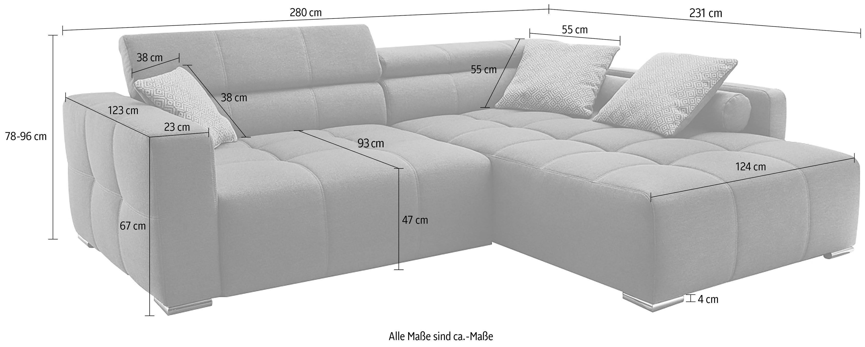 Jockenhöfer Gruppe Ecksofa Salerno L-Form, B: 280 cm, im Big-Sofa-Style, mit Kopfteilverstellung & Zierkissen