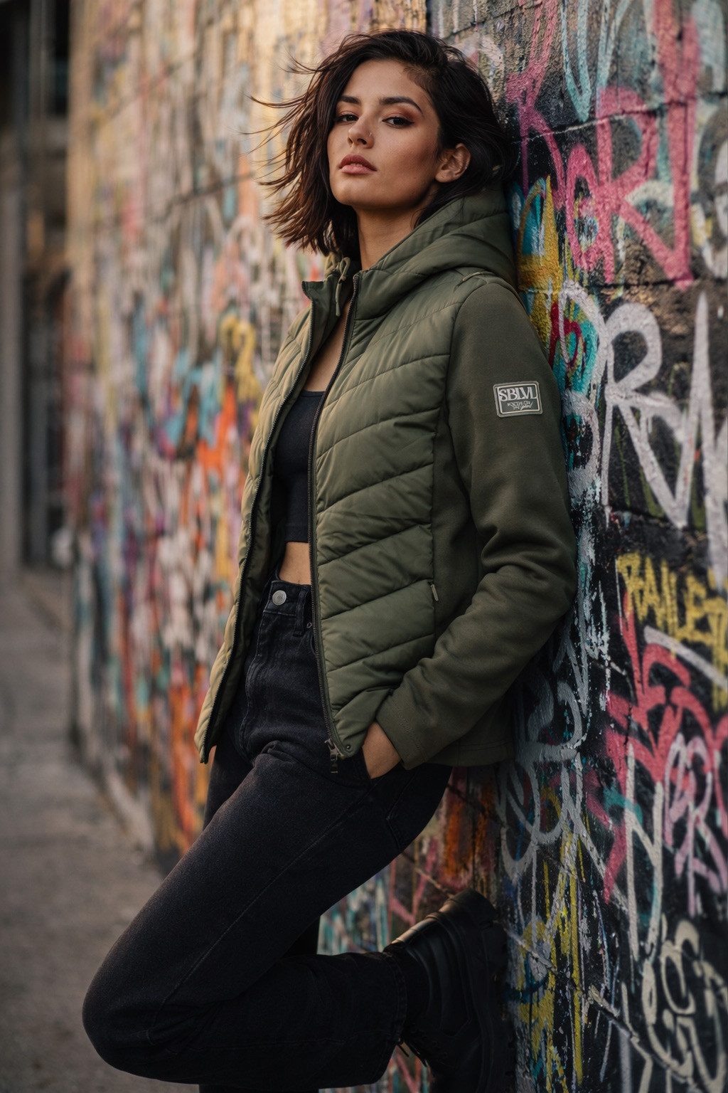SUBLEVEL Steppjacke Damen Hybrid Jacke Leichte Übergangsjacke Kapuzenjacke Gesteppte Stepp-Front & Sweat-Ärmel, Outddor