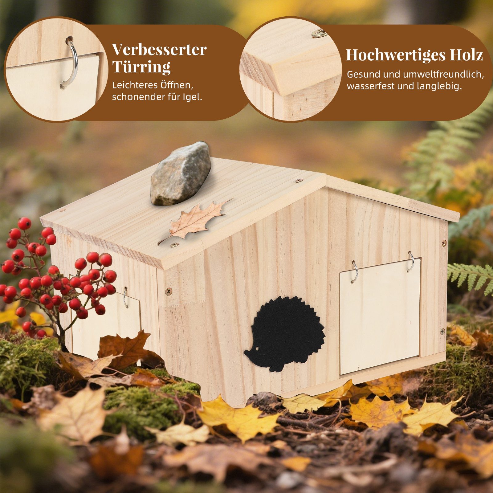 TWSOUL Igelhaus mit Boden&Rattenklappe, Holz, Igelhütte Winterquartier 37*29cm, Labyrintheingang Satteldach, Igelfutter Haus Igelhütte Deko Garten