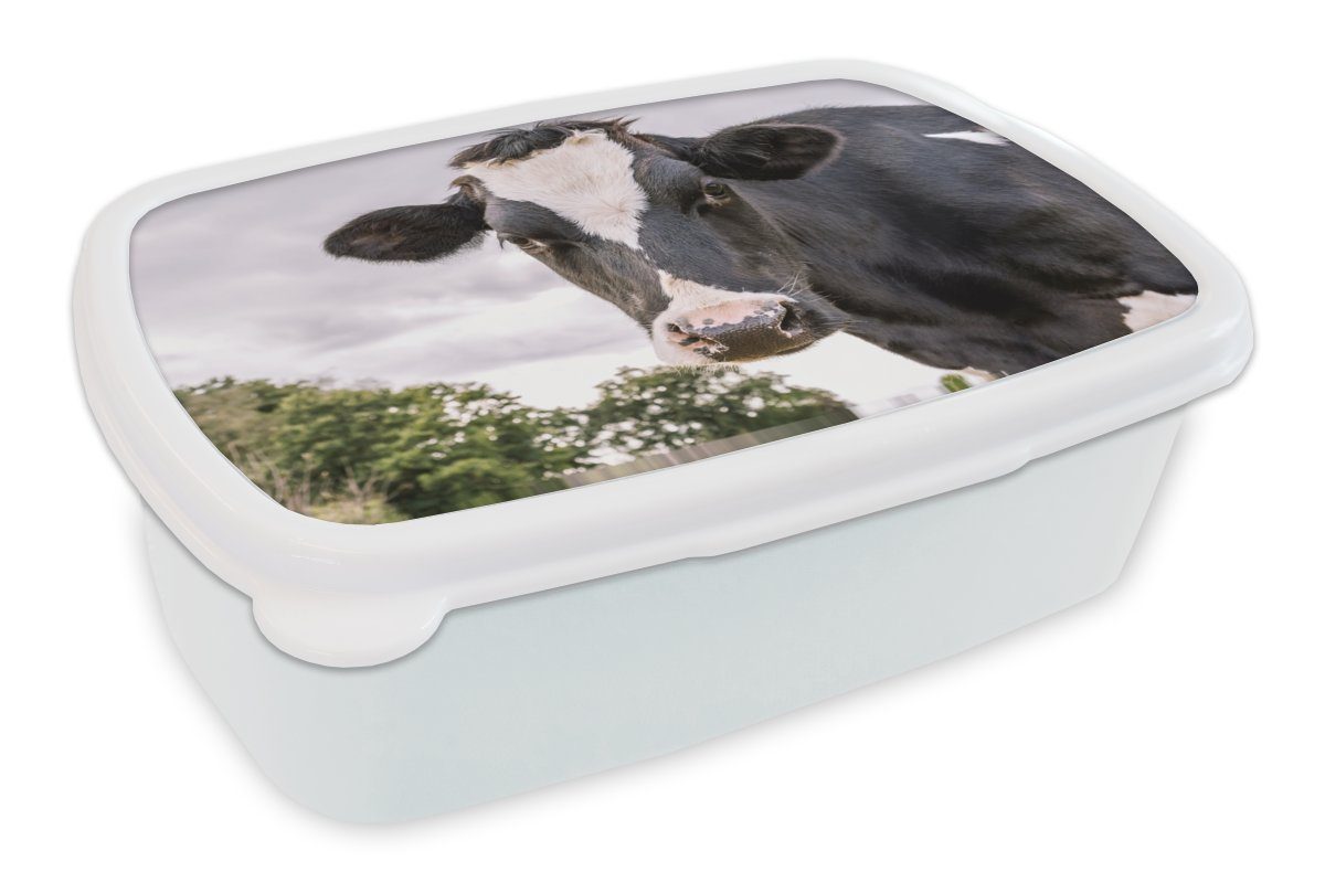 MuchoWow Lunchbox Kuh - Tier - Porträt - Schwarz, Kunststoff, (2-tlg), Brotbox für Kinder und Erwachsene, Brotdose, für Jungs und Mädchen weiß