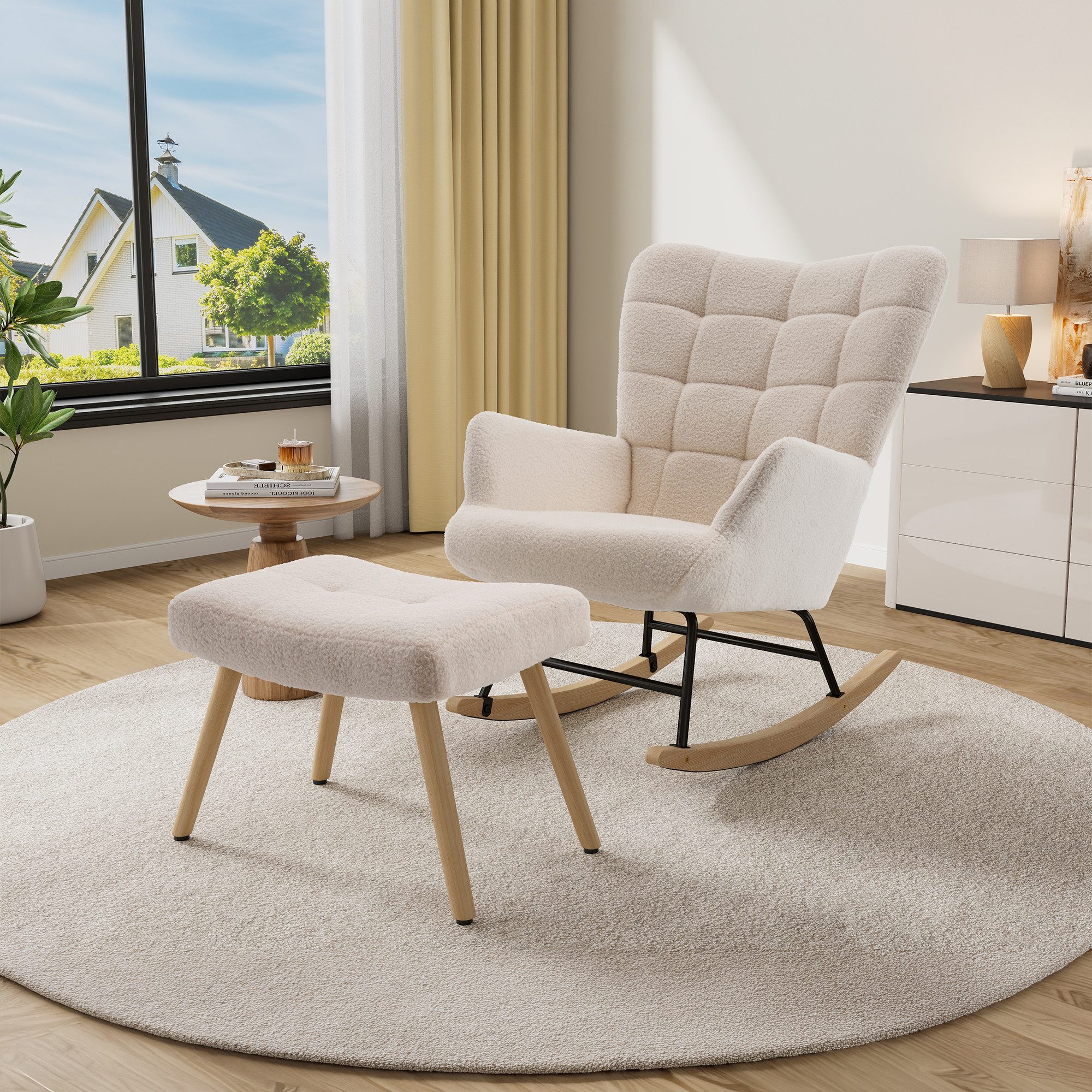 HAUSS SPOLE Schaukelstuhl mit Fußhocker, gepolsterter Relaxsessel mit Holzschaukelfüßen,Beige (Relaxsessel-Set mit Wippfunktion und Beistellhocker), Lounge-Sessel mit separatem Fußhocker und Holzschaukelfüßen