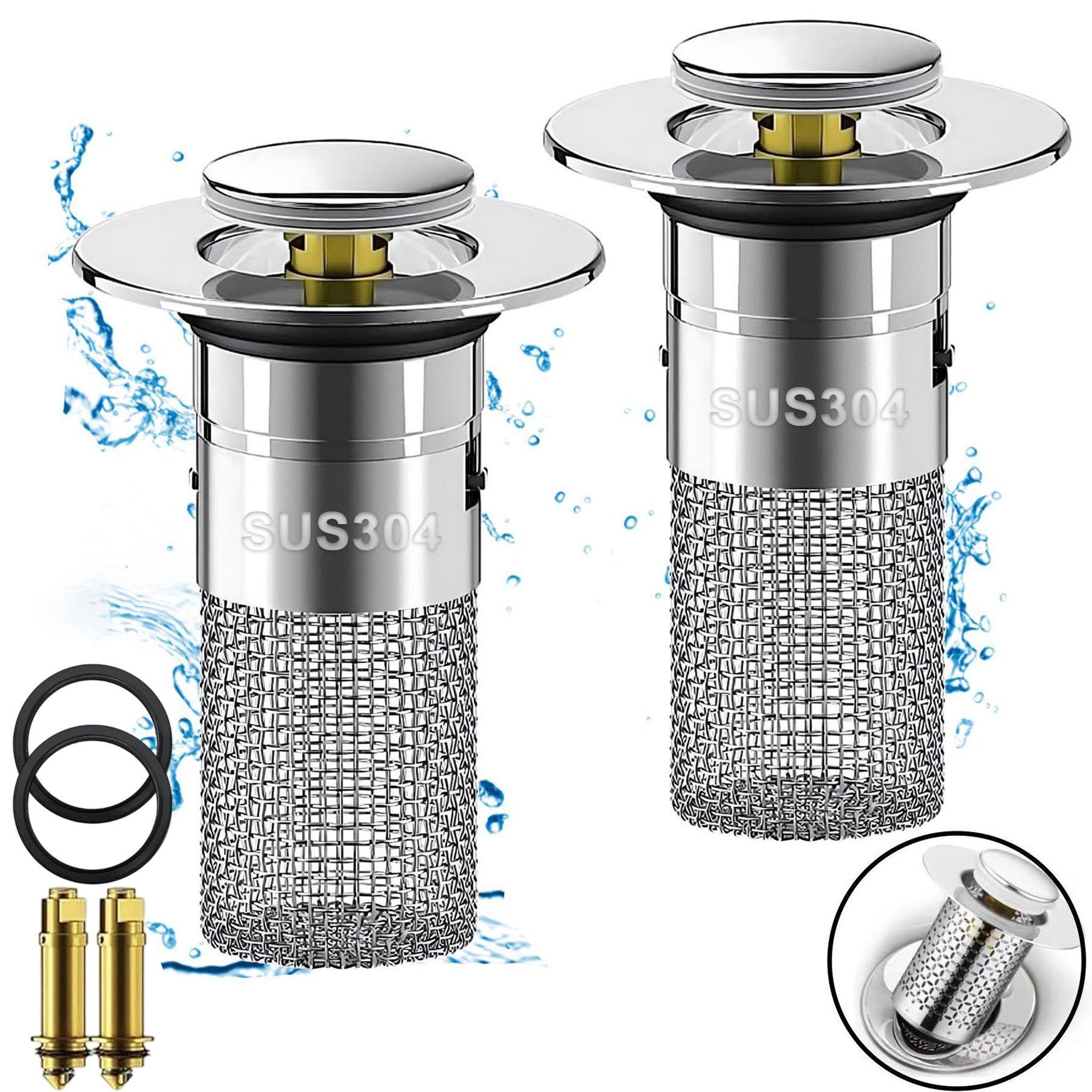 Keyura Waschbeckenstöpsel 2 Stück 304 Edelstahl Pop Up Abflusssieb, Bathroom Sink Plug, (Metal Drain Plug Universelle, Waschbeckenstöpsel mit Filtersieb/Dichtungen), Abflussstopfen für Waschbecken, Bad und Küche (34-40mm)