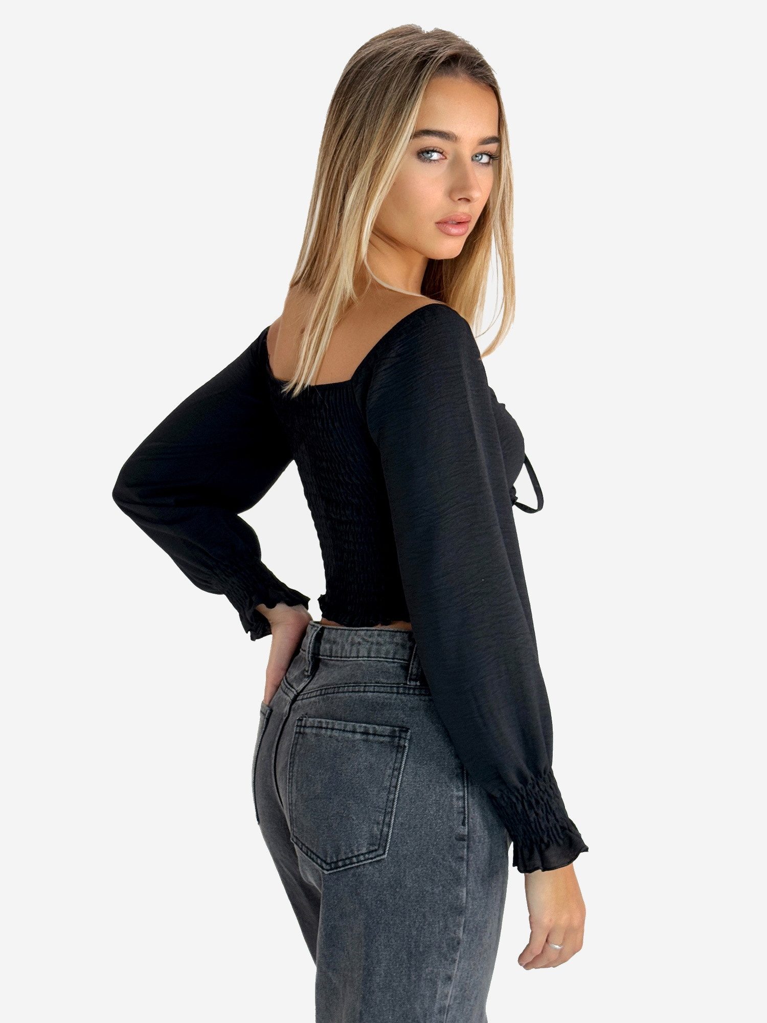 Elara Blusentop – Damen Crop Bluse mit Schnürung, Carmen-Ausschnitt und Puffärmeln