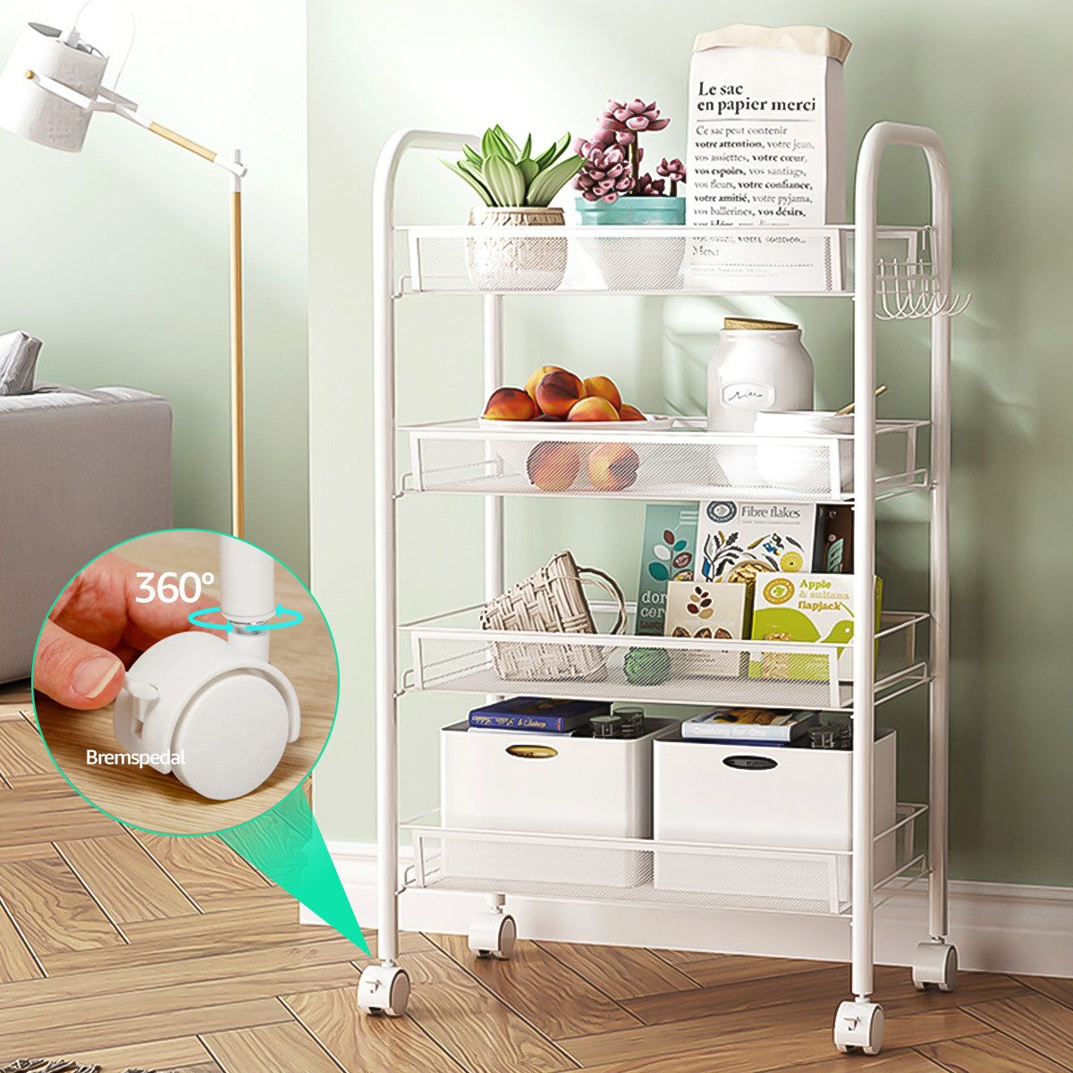 Simloveve Rollwagen Küchenwagen Organizer mit Griff, Servierwagen 4 Ebenen,Küchentrolley, (Edelstahl), Nischenregal auf Rollen, Mehrzweckwagen Blumenregal Badregal