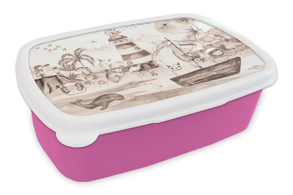 MuchoWow Lunchbox Strand - Kinder - Leuchtturm - Alpaka - Meer - Tiere, Kunststoff, (2-tlg), Brotbox für Erwachsene, Brotdose Kinder, Snackbox, Mädchen, Kunststoff rosa