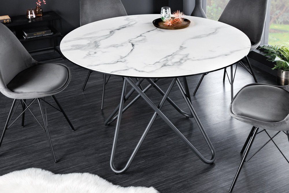 riess-ambiente Esstisch ELLIPSE 120cm weiß / schwarz (Einzelartikel, 1-St), Keramik · Metall · rund · Industrial · Hairpin Legs ·Naturstein Design