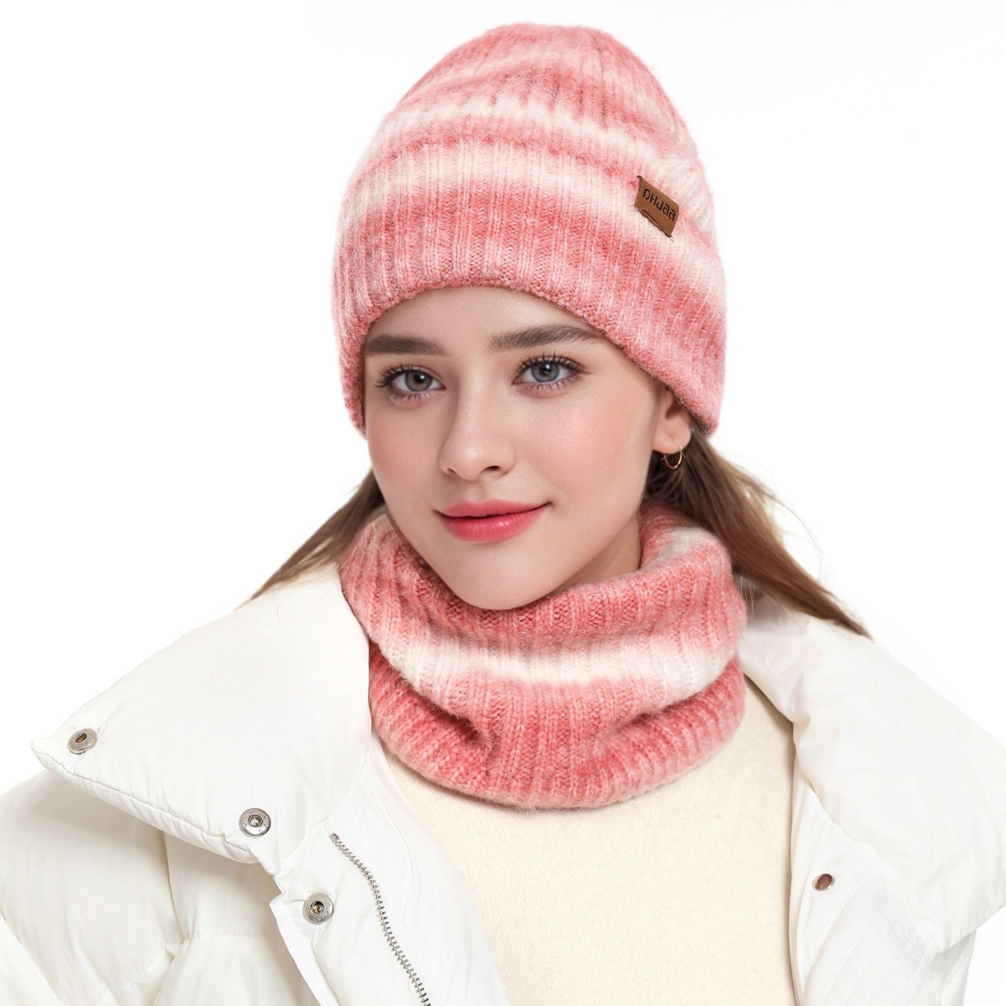 YNOFIT Mütze & Schal Herbst und Winter Frauen Schal Hut Set, Farbverlauf Stil mit Wolle Hut (Mit Fleece gefütterte Mütze, warmer Schal 2er-Set) Damen Winter Beanie Mütze mit Gesichtsschutz, Kreis Schal Set