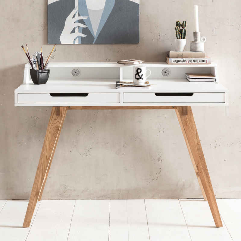 FINEBUY Schreibtisch FB45841 (110 x 85 x 60 cm MDF-Holz Skandinavisch Weiß Matt), Laptoptisch mit Kabeldurchlass, Bürotisch Modern