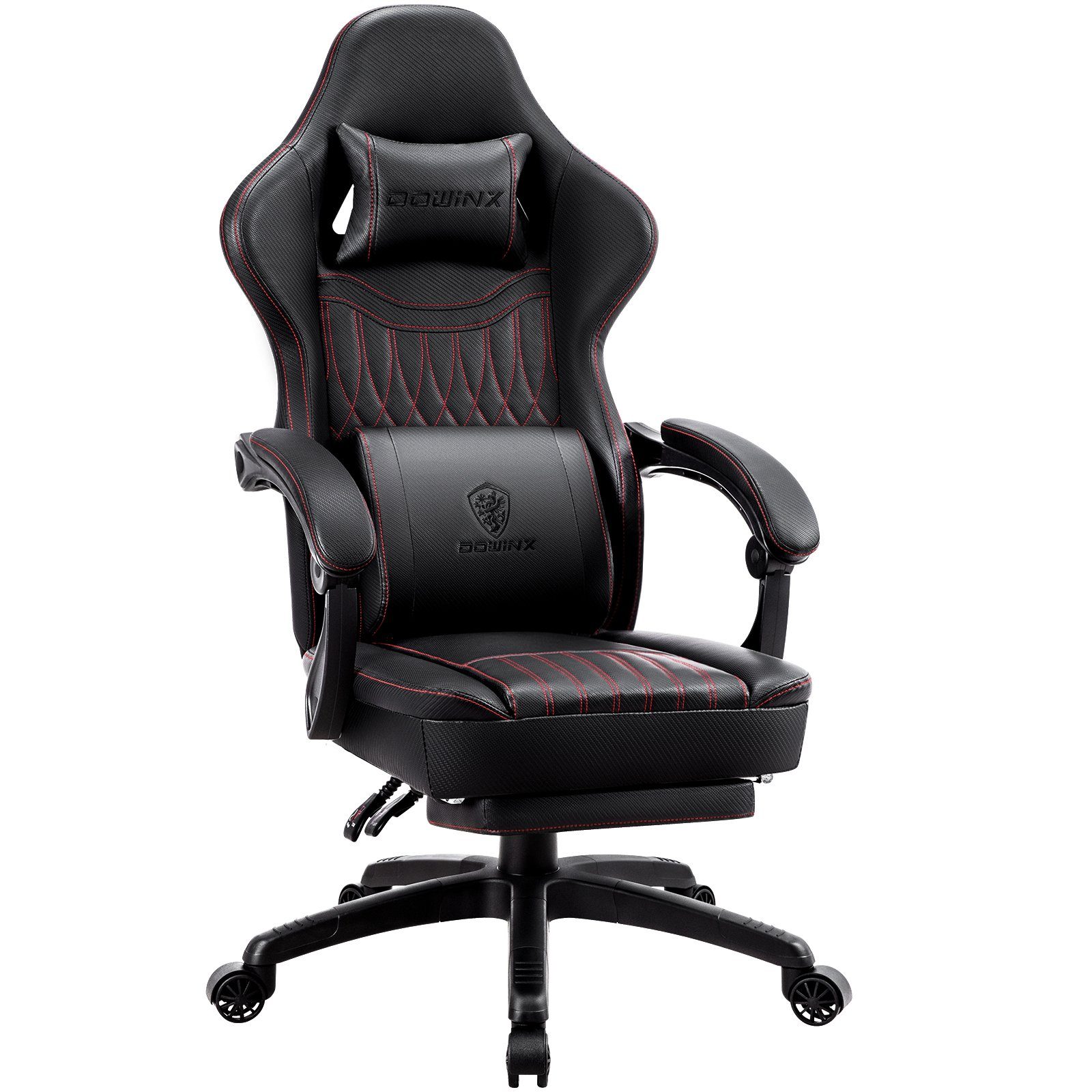 Dowinx Gaming-Stuhl Mit Federkissen, Massage-Lendenwirbelstütze Fußstütze, Rennspielsessel, Ergonomisches Design, PU-Leder, Schwarz