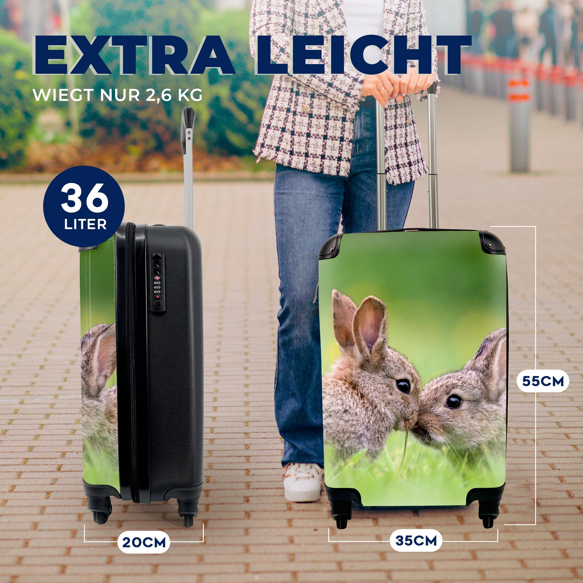 MuchoWow Handgepäckkoffer Kaninchen - Baby - Gras, 4 Rollen, Reisetasche mit rollen, Handgepäck für Ferien, Trolley, Reisekoffer