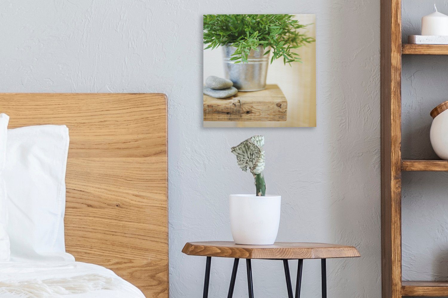 Schlafzimmer auf Bilder Leinwand St), für Leinwandbild mit Estragonpflanzen OneMillionCanvasses® Metallbehälter (1 einem Wohnzimmer Holztisch,