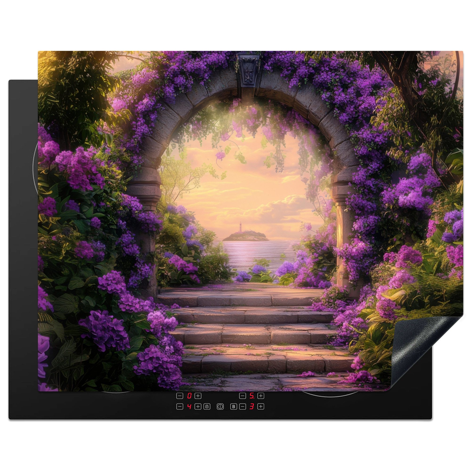 MuchoWow Herd-Abdeckplatte Tor - Lila - Blumen, Vinyl, (1 tlg), Abdeckung Induktionskochfeld Schutzmatte, Küche Deko, 65x52 cm