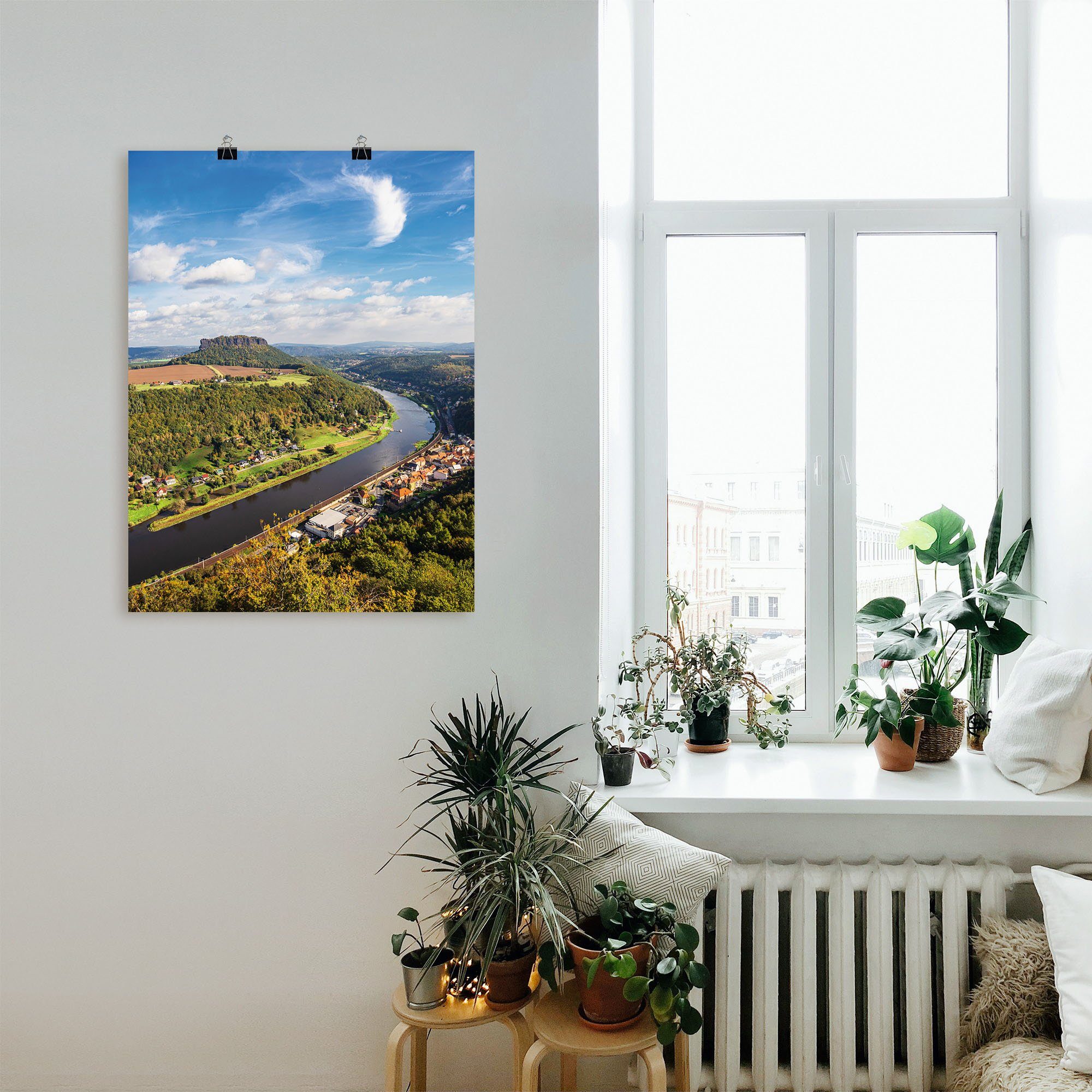 Artland Wandbild Elbe Poster Leinwandbild, St), Schweiz, blau & Alubild, oder in und Sächsische als Wandaufkleber Größen Alpenbilder Berge (1 versch