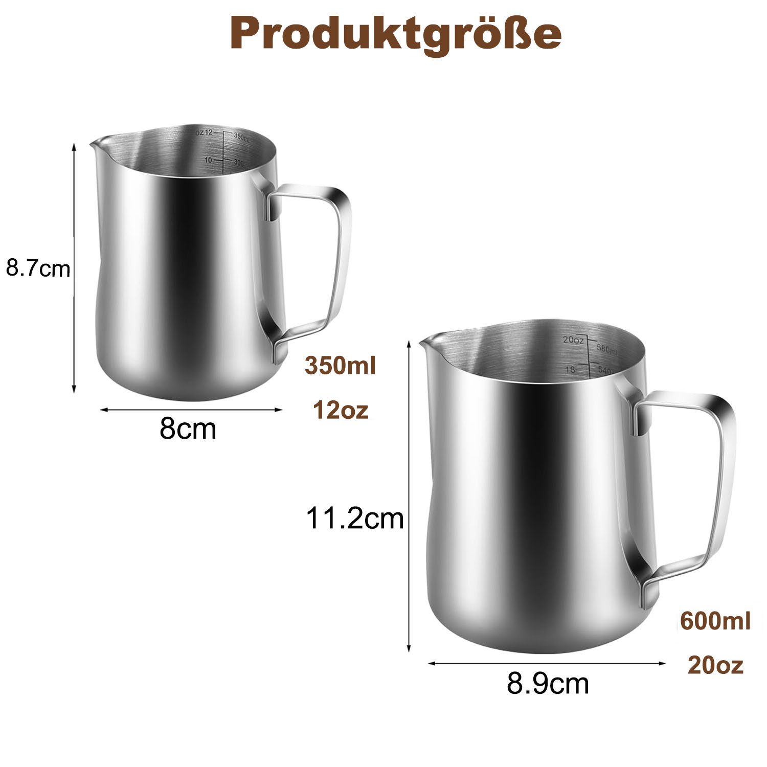 SURFOU Milchkännchen Edelstahl Milchkanne Barista Zubehör Milchaufschäumer Milchbehälter, 0.35 l, (Handheld Aufschäumkännchen Set, Kaffee Creamer Milch Aufschäumer Kännchen Tasse mit Messung Mark und Latte Art Pen, Milchkännchen perfekt für Barista Cappuccino Espresso, 350ML, 600ML), Geeignet für Cafés, Haushalte, Restaurants und Büros