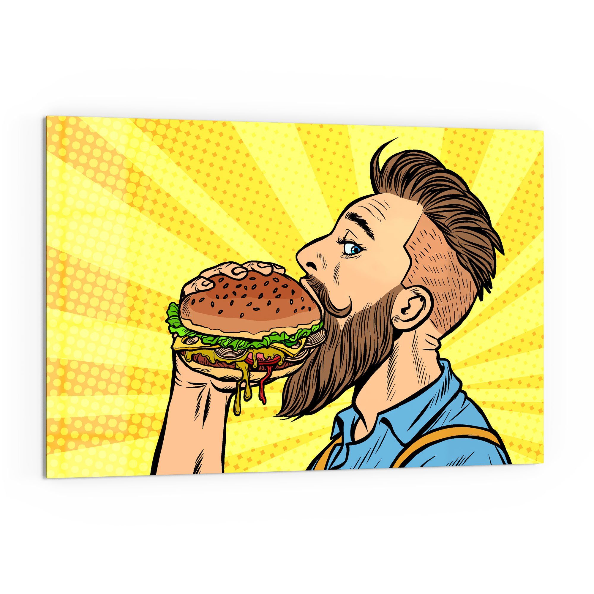 DEQORI Küchenrückwand 'Bärtiger Mann isst Burger', Glas Spritzschutz Badrückwand Herdblende