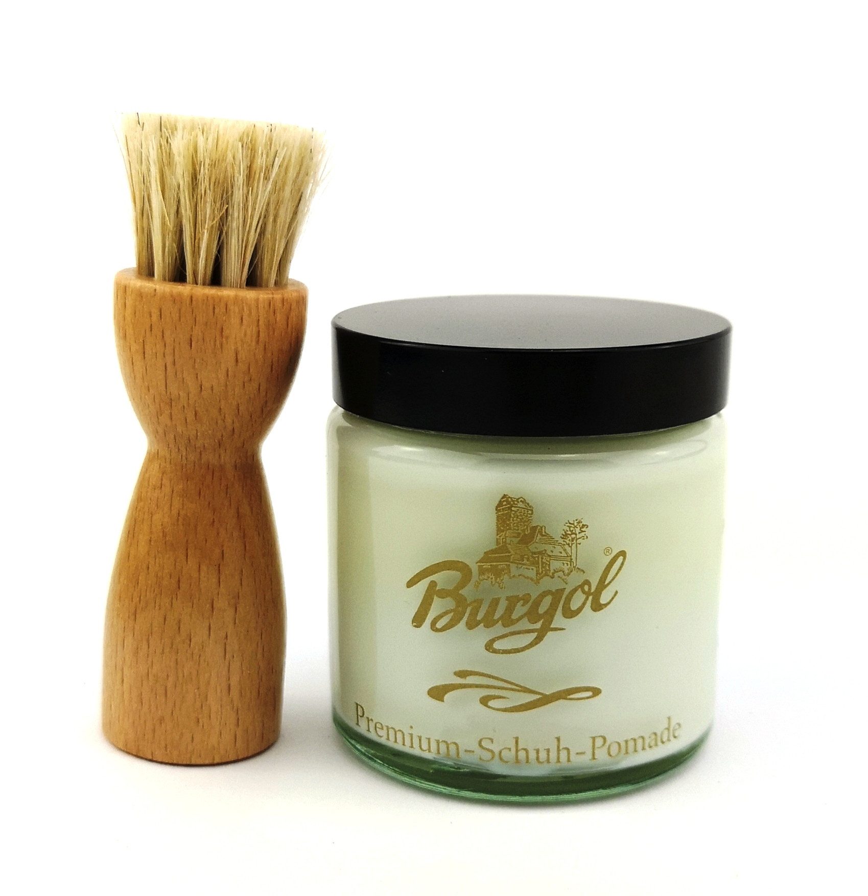 Burgol Erdschachtverlängerung Schuhpflegeset mit Burgol - Schuhpomade FARBLOS und Tiegelbürste