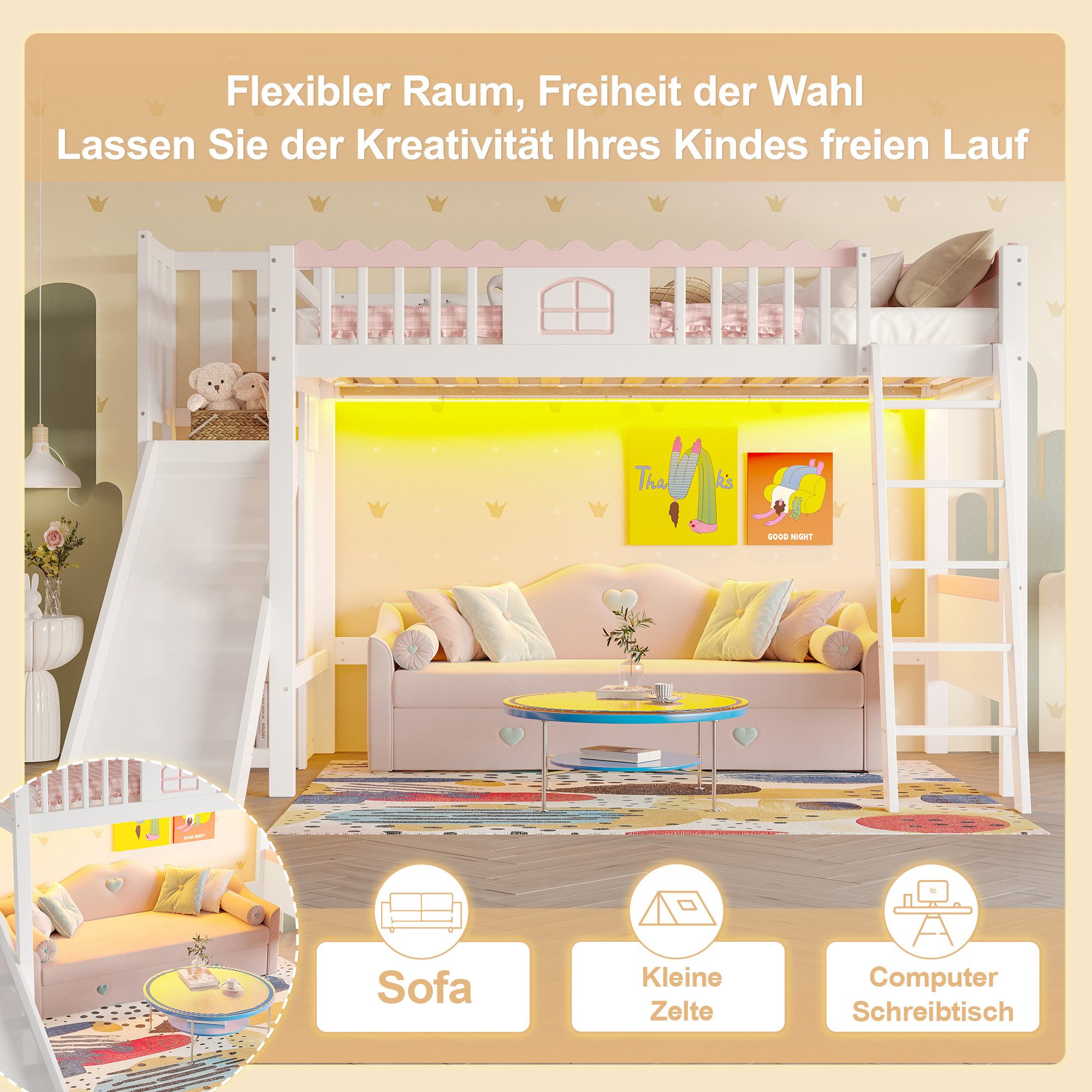 Flieks Hochbett Kinderbett Einzelbett 90x200cm mit LED-Leiste, Rutsche mit Regale – Bild 4 von 5