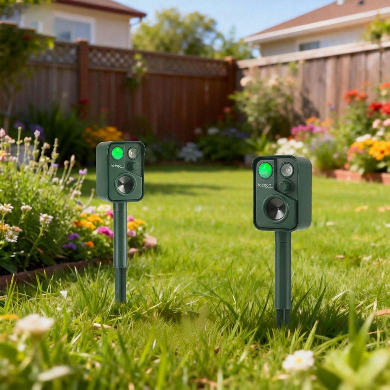 shop'n smile ideoon Wasserstrahl-Tiervertreiber Zuverlässiger Solar-Tierschreck gegen Marder, Vögel, 2-tlg., mit PIR-Sensor & LED Blitzlicht - 13,5-45,5 Hz