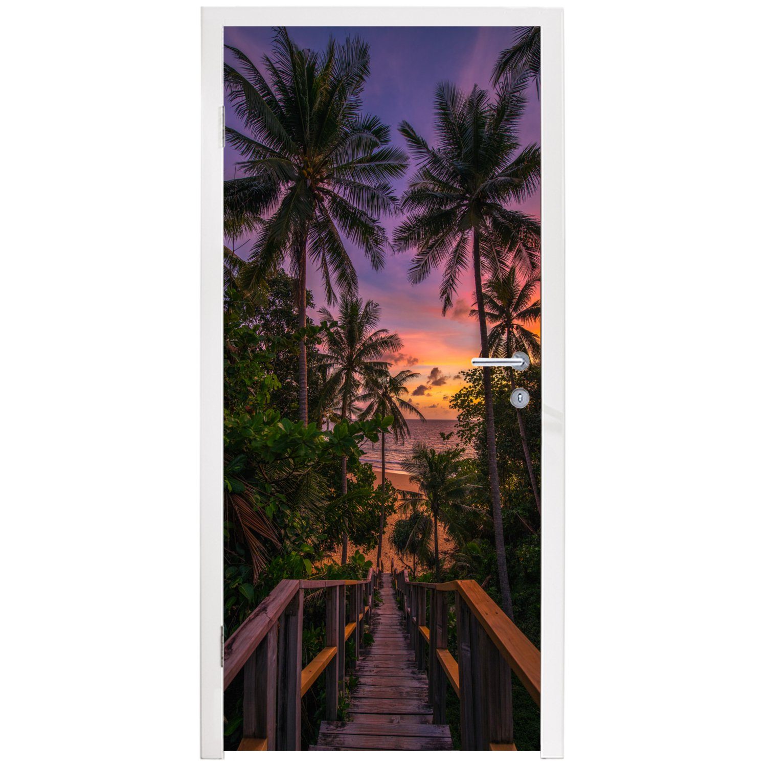 MuchoWow Türtapete Sonnenuntergang - (1 bedruckt, cm Fototapete Tür, Strand, für Matt, 75x205 Türaufkleber, St), - Palmen
