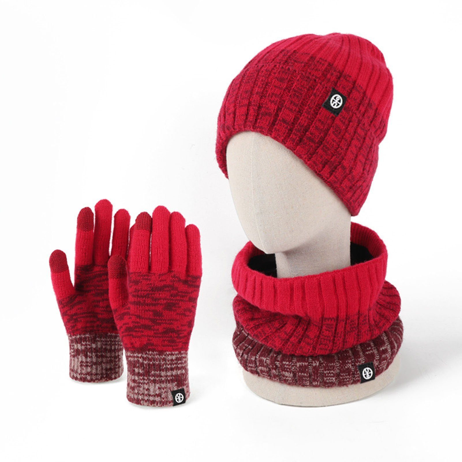 Rutaqian Beanie Winter Warm Beanie Damen Rot Herren und Schal und 3in1 Innenfutter, Strickset) Weiches Handschuhe Set Fleece (Farbverlauf, Dickes Touchscreen kältebeständiges, für Mütze
