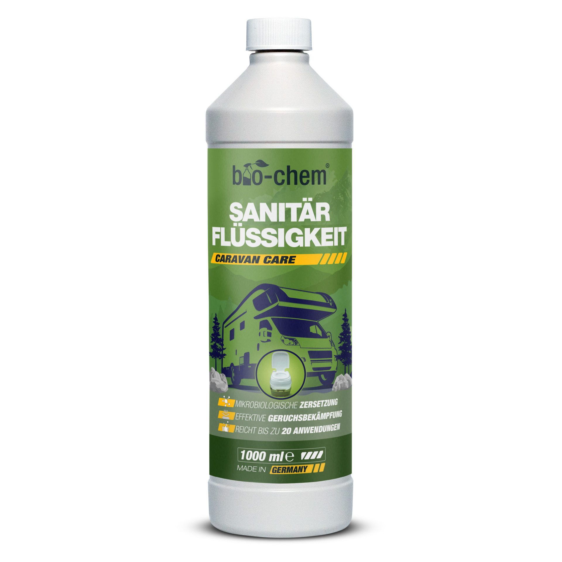 bio-chem bio-chem Sanitärflüssigkeit 1L – Mikrobiologischer Toilettenzusatz Campingtoilettenreiniger (Sanitärflüssigkeit 1 L + Dosierbecher)
