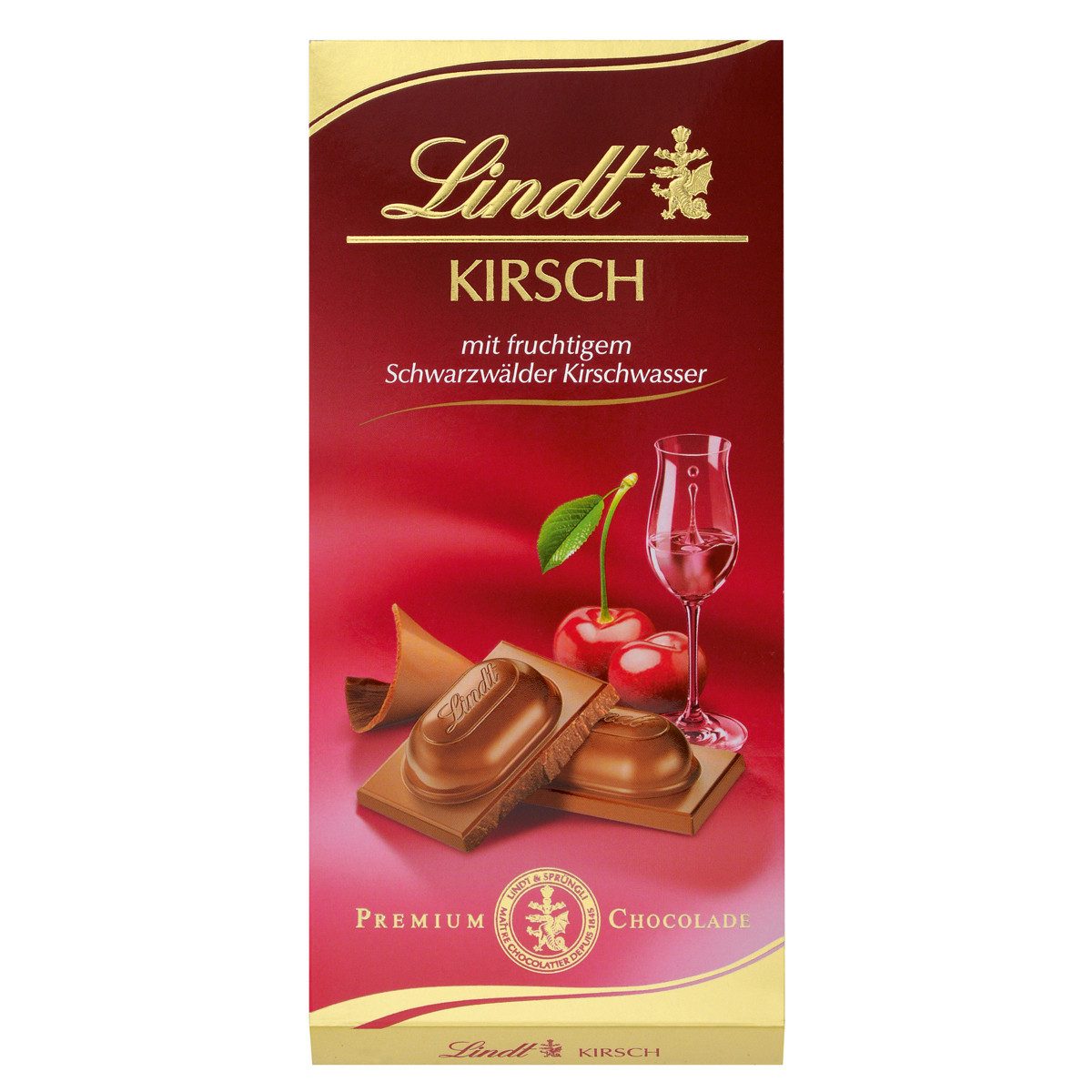LINDT Schokolade, Lindt Kirsch Vollmilch Tafel mit flüssiger Kirschwasser Füllung 100g