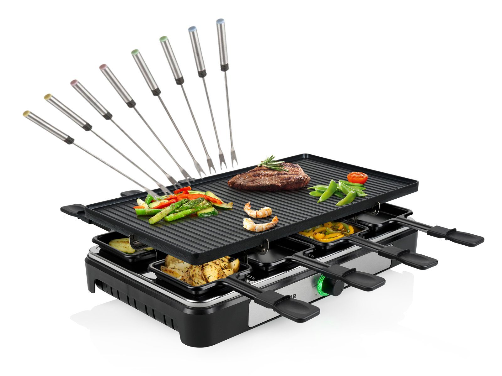 Tristar Raclette, 8 Raclettepfännchen, 1400 W, Gerät für 2-8 Personen Tischgrill wendbare Grillplatte Teppanyaki