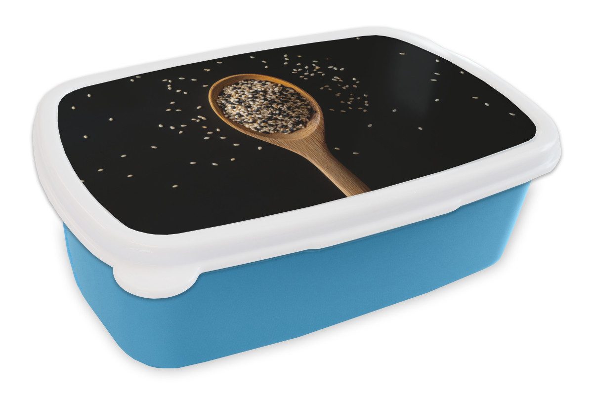 MuchoWow Lunchbox Sesam - Löffel - Schwarz, Kunststoff, (2-tlg), Brotdose, Lunchbox, Brotbox für Kinder und Erwachsene