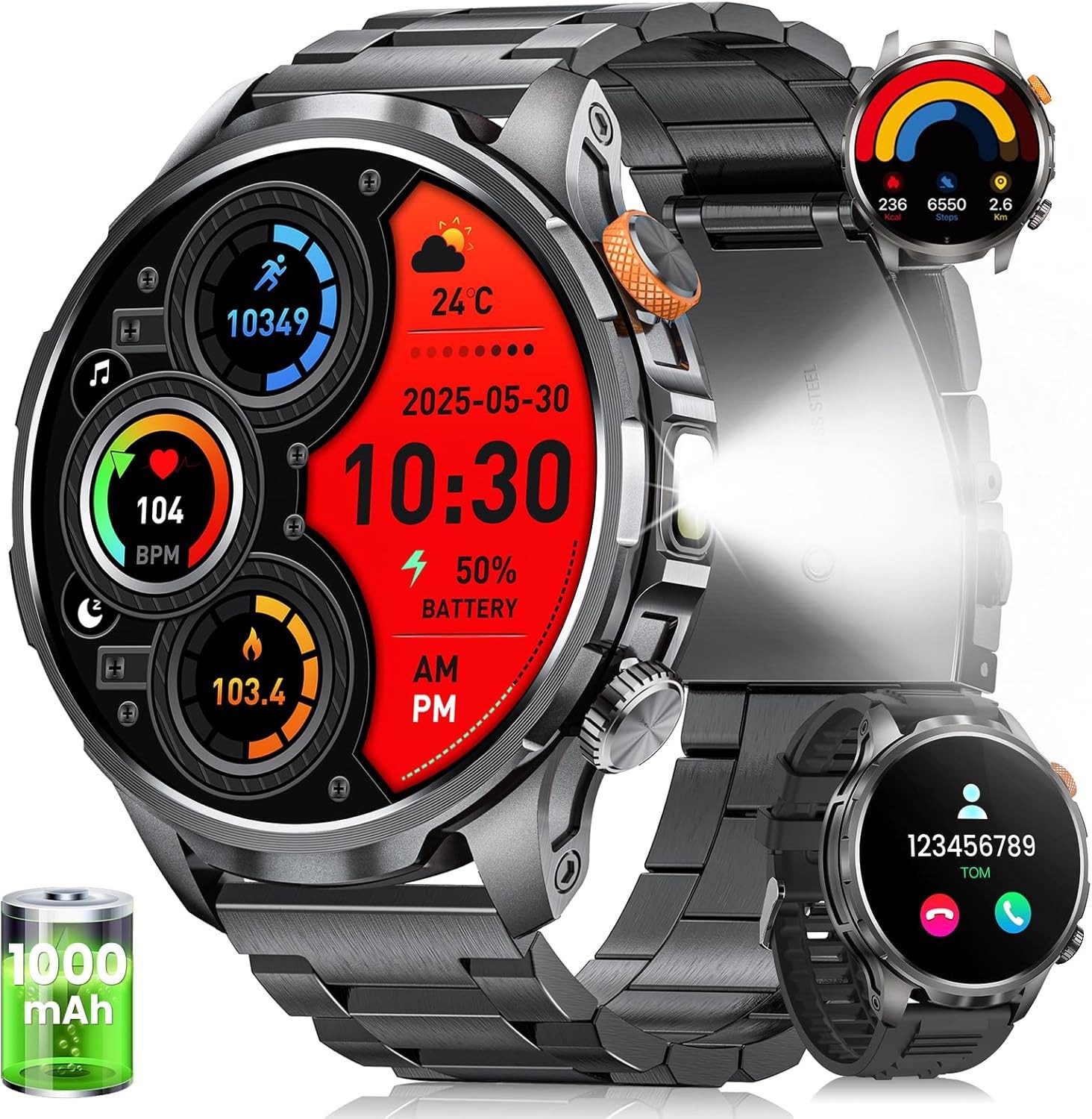 Zevelora Herren Militär, 1000mAH Akku Telefonfunktion, 5 ATM Wasserdicht Smartwatch (1,91 Zoll, Android/iOS), mit LED Taschenlampe 110+ Sportmodi/SpO2/Herzfrequenz/Schlafmonitor