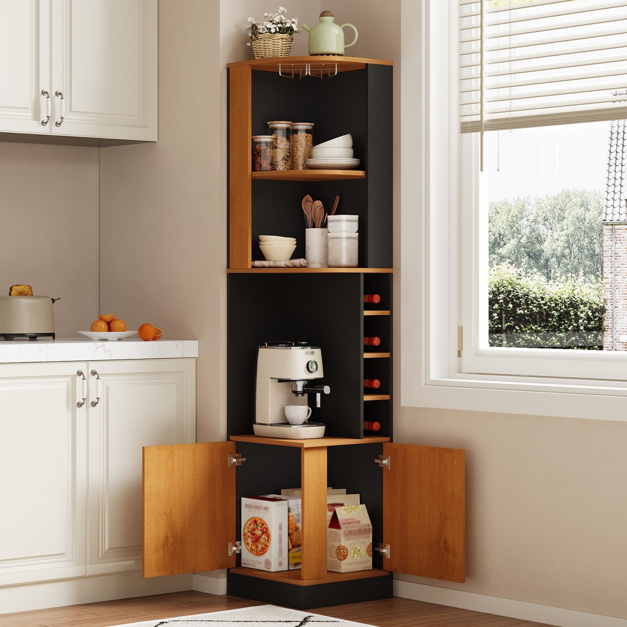 HAUSS SPOLE Eckvitrine mit Weinglasregal,freistehend Bartheke Hochschrank 40×40×182cm,Schwarz (Wohnzimmerschrank mit geschlossenem Unterschrank und offenen Regalfächern für Esszimmer, Küche und Wohnzimmer) Bücherregal Beistellschrank mit Edelstahl-Weinglashalter