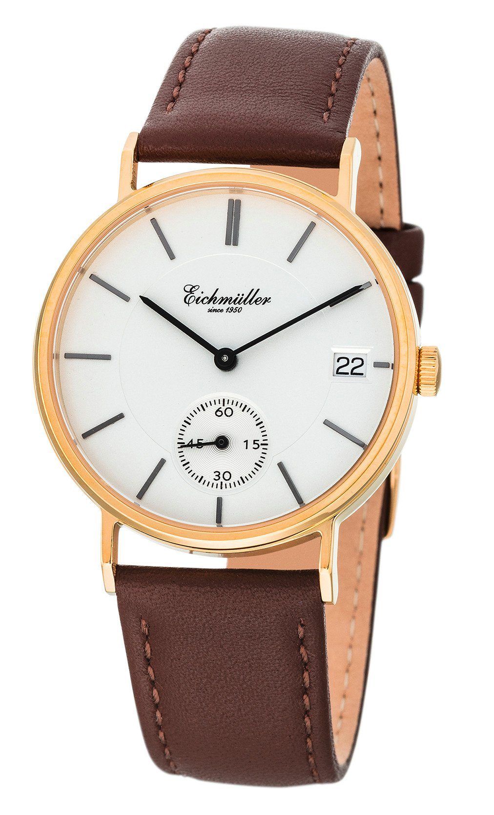 Eichmüller Quarzuhr elegante Herren-Armbanduhr, vergoldetes Gehäuse, 3037-03, braunes Lederarmband, 37 mm, präzises Uhrwerk
