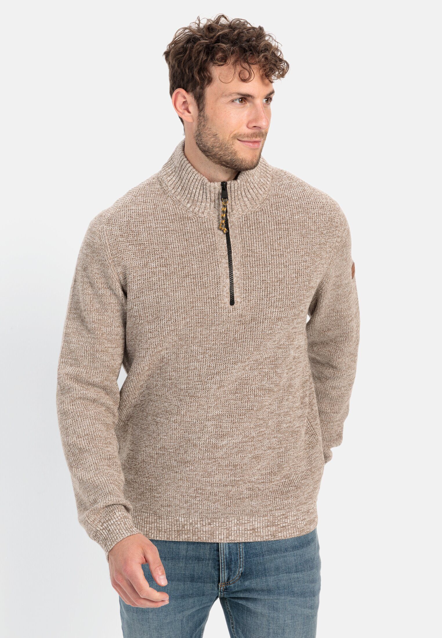 camel active Strickpullover aus Baumwollmix Langarm Troyer Markenlogo günstig online kaufen