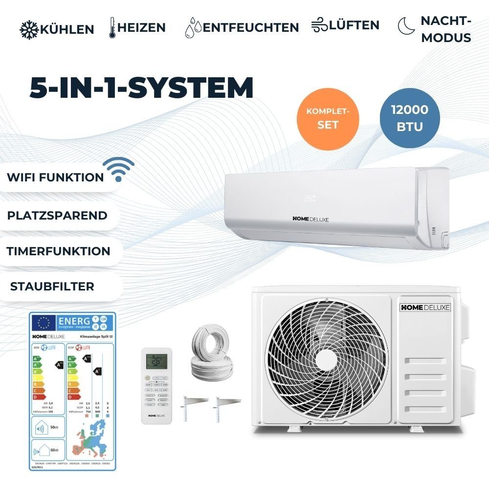 HOME DELUXE 4-in-1-Klimagerät Климатanlage SPLIT 12000 BTU, Ouick Connect - keine Vakuumpumpe nötig, WiFi – App gesteuert