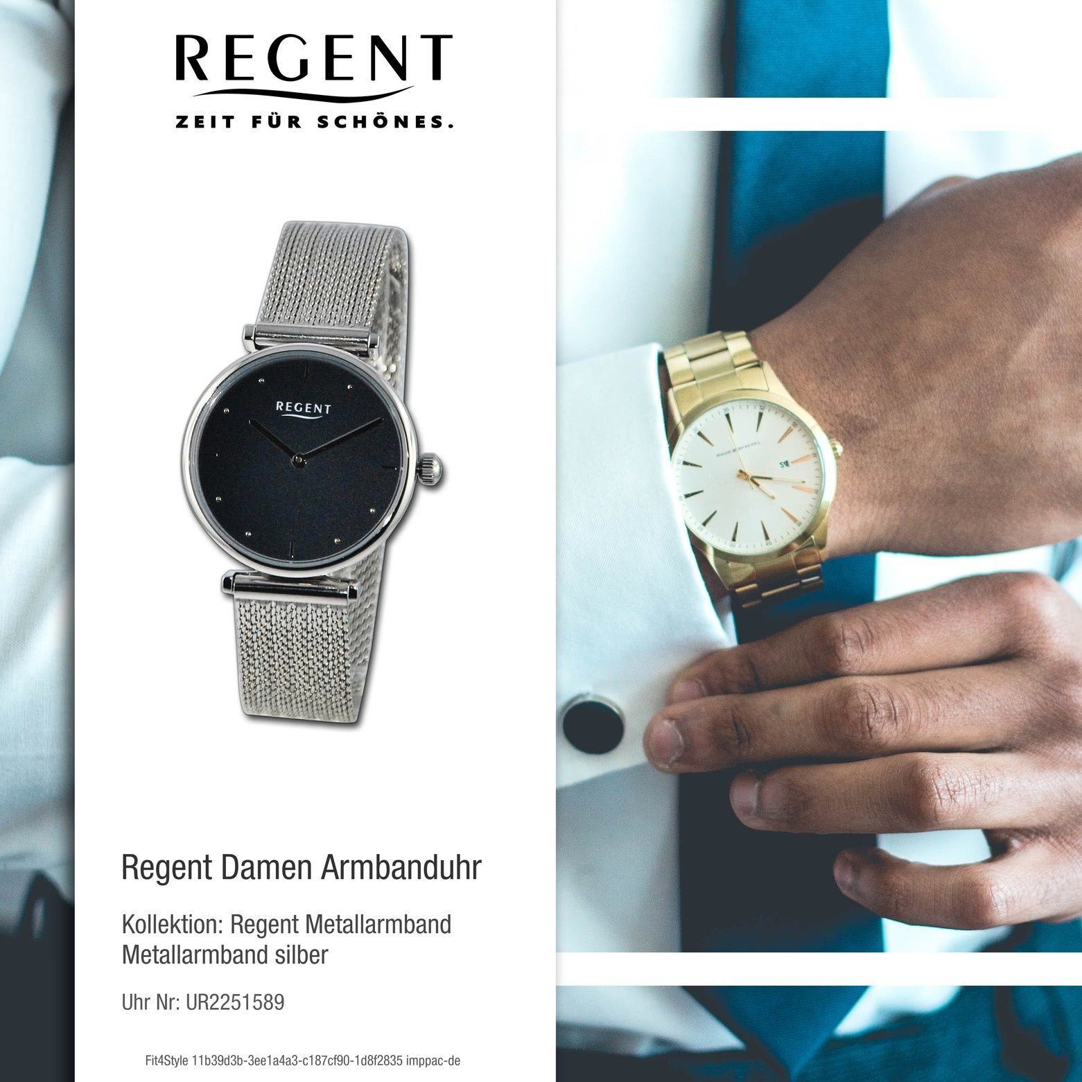 Regent Quarzuhr Regent Damen rund, (ca. Metallarmband Armbanduhr Analog, Armbanduhr extra Damen 37mm), groß