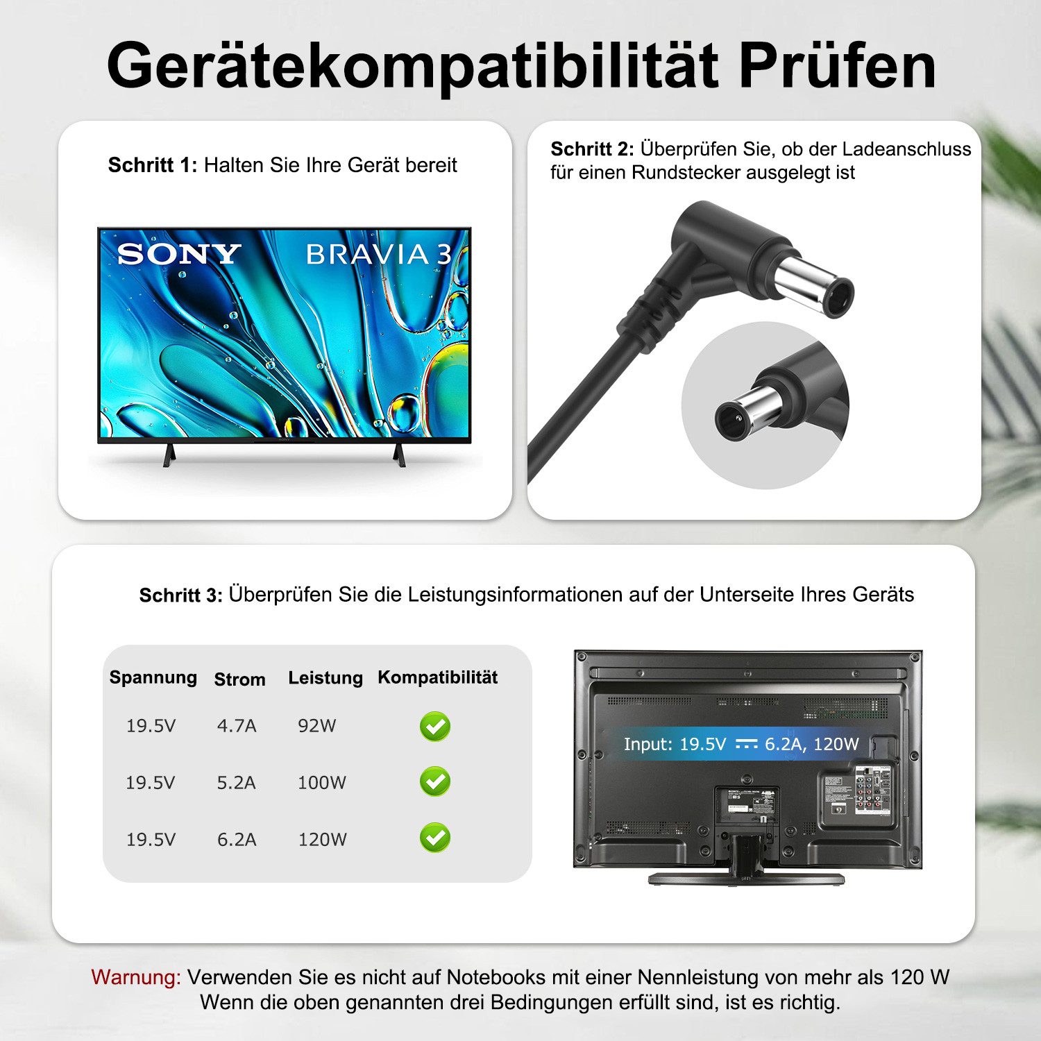 HKY 120W 100W 97W TV Netzteil Ladegerät für Sony Bravia KDL-50W685A Netzteil (Kompatibel mit ACDP-060E02/060S03/120N02/085N02, 19.5V 6.2A)
