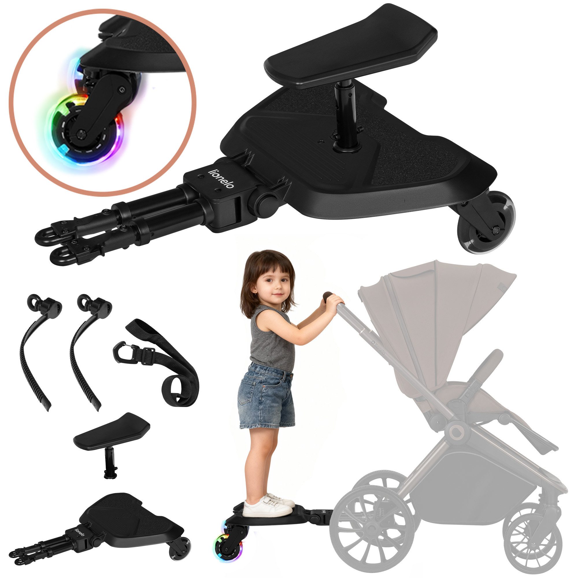 lionelo Buggyboard BUGGY BOARD (Set, Plattform + Sitz + Gurt + Montage), Universal/Stand&Sitz/3Höhen/LED-Räder/25kg