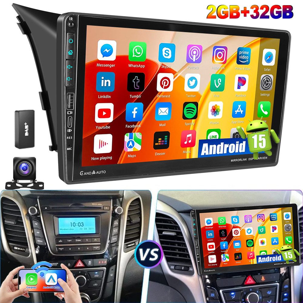 ESSGOO 9" 32G/64G DAB+ Android 15 Für Hyundai i30 2012-2016 Carplay Navi GPS Autoradio (RDS, 4+64GB(optional), Digitalradio (DAB), USB, FM, AM, Carplay Android Auto Bluetooth EQ USB GPS Navi WIFI Touchscreen)