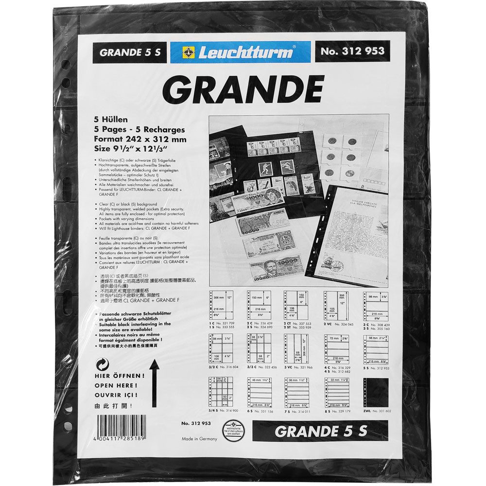 Leuchtturm Sammelkarte Kunststoffhüllen GRANDE, 5 waagrechte Streifen, schwarz, 5er Pack