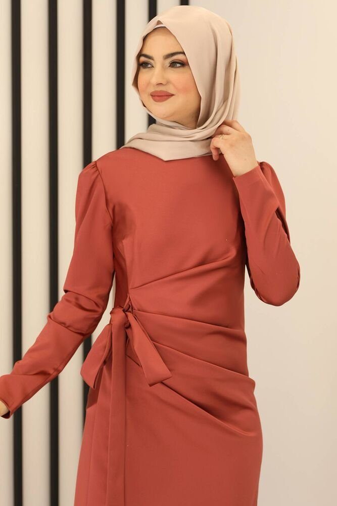 mit Satinkleid Abaya Modavitrini langärmliges Damen Abiye Hijab Maxikleid Schleife Abendkleid Ziegelsteinrot
