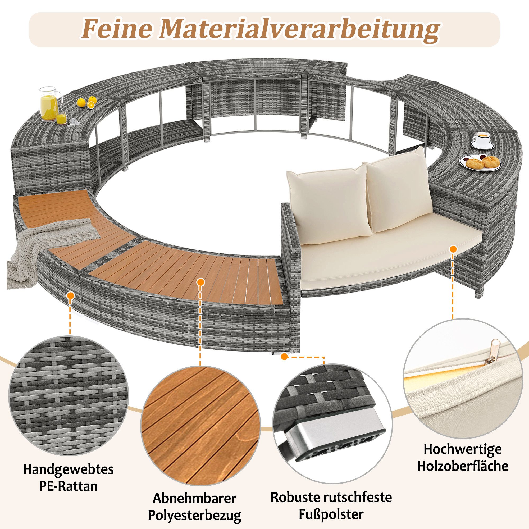 TavilaEcon Gartenlounge-Set mit runder Couch, für Whirlpool und Pool, mit verstellbaren Füßen, inklusive Kissen