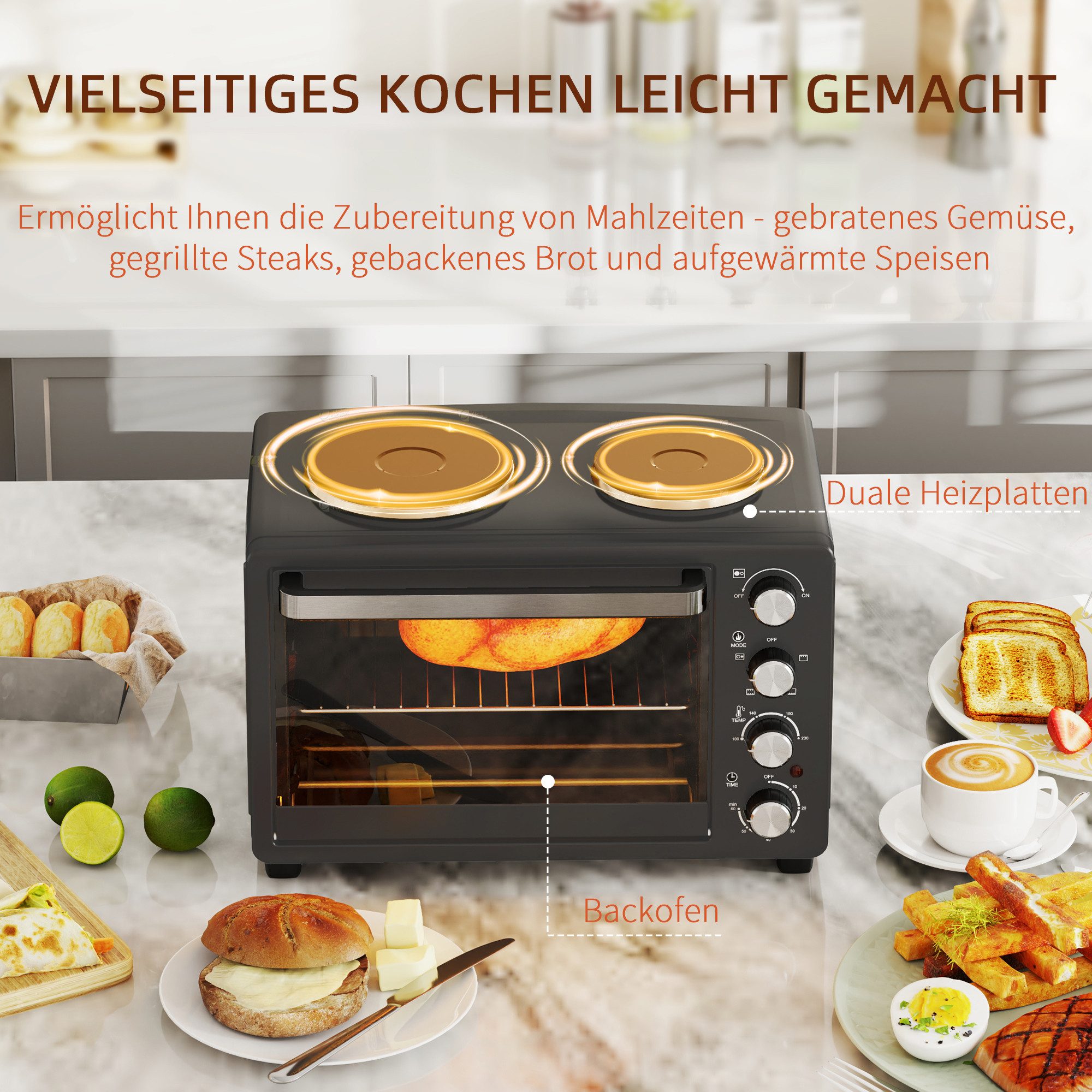 HOMCOM Minibackofen Mini Backofen 28L inkl. Krümelblech, mit Innenbeleuchtung Schwarz, mit Warmhalteplatten, Backblech und Grillrost – Bild 4 von 5