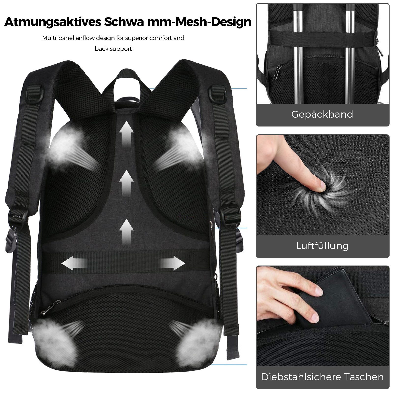 OKWISH Laptoprucksack Laptop Rucksack Schulrucksack Wasserbeständig Laptoptasche (15,6 Zoll Notebook Rucksack, Anti-Diebstahl, mit USB-Lade-Anschluss, Koffergurt), Herren Damen Jungen Teenager Freizeit Arbeit Business Reisen