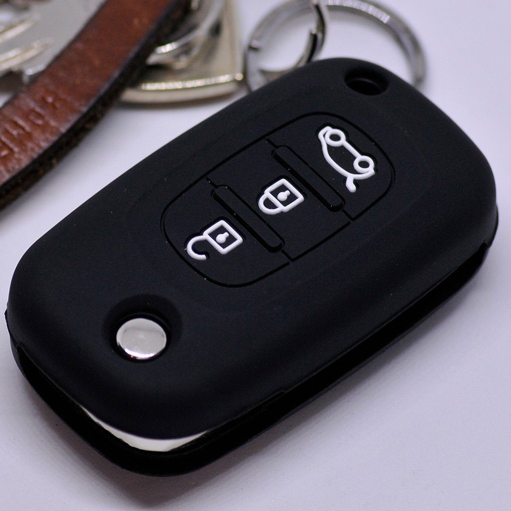 Autoschlüssel 3 für Clio Schutzhülle Twingo Smart Schlüsseltasche mt-key Forfour Softcase Schwarz, Silikon Tasten Klappschlüssel Renault