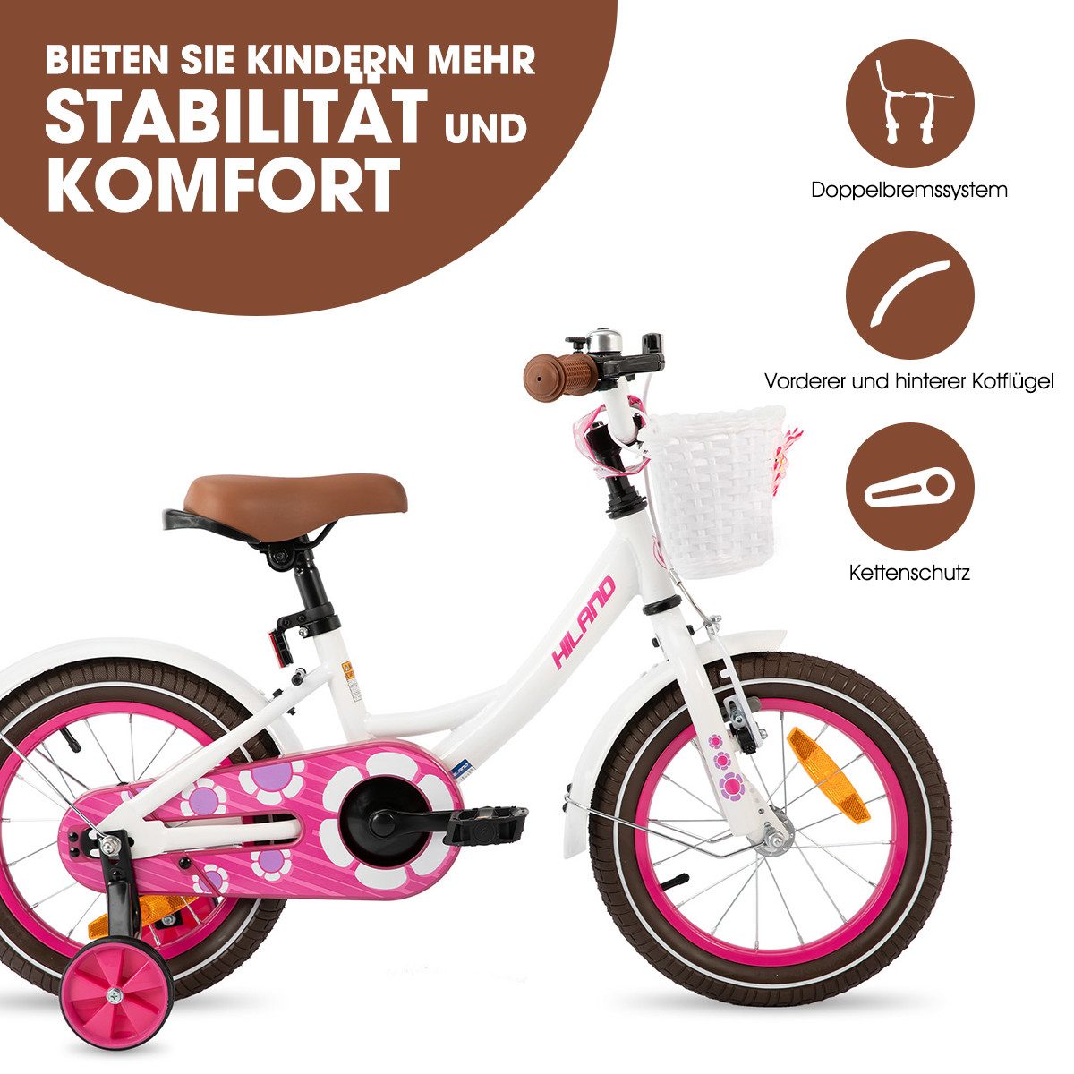 HILAND Kinderfahrrad Petal 12/14/16 Zoll Mädchenfahrrad, Kinderfahrrad für Mädchen, mit Korb und Stützrädern, Kotflügel, Hilfsrad, Fahrradklingel