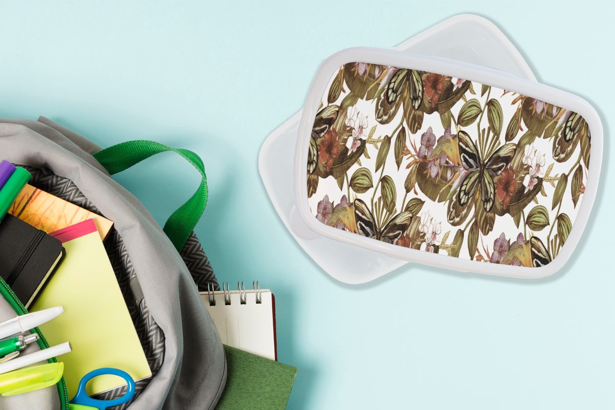 MuchoWow Lunchbox Mädchen Brotdose, und für Jungs weiß und Schmetterling (2-tlg), - Blumen - Brotbox Muster, - Vintage Kinder Kunststoff, Erwachsene, für