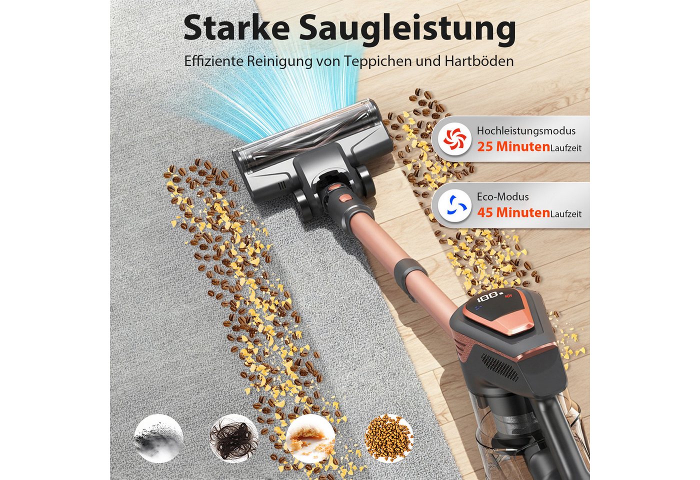 Grenintol Akku-Hand-und Stielstaubsauger 48000Pa Akku Staubsauger,Akku Handstaubsauger,Akkusauger Kabelloser, 300 W, beutellos, 6×2600mAh Hochleistungsakku • Leiser Betrieb
